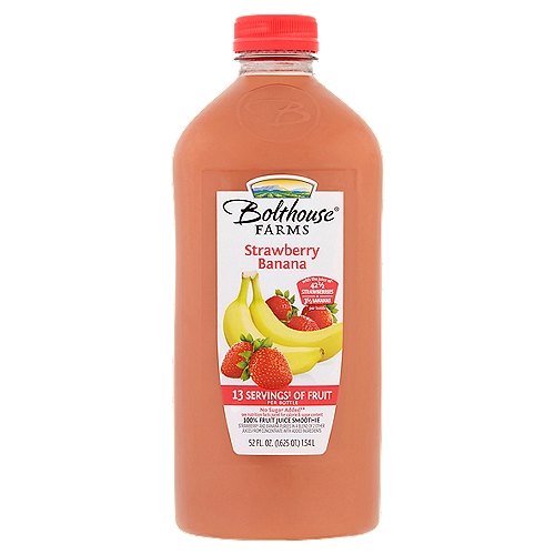 Bolthouse Farms Strawberry Banana 100% Fruit Juice Smoothie, 52 fl oz
Strawberry and Banana Purees in a Blend of 2 Other Juices from Concentrate with Added Ingredients

13 servings‡ of fruit per bottle
‡One serving equals 1/2 cup of juice. Daily recommendation: 4 servings of a variety of fruit, including whole fruits, for a 2,000 calorie diet (MyPlate).

With the juice of† 42 1/2 strawberries + 3 1/2 bananas per bottle

Feel good about what's in this bottle which includes the juice of†:
42 1/2 strawberries
3 1/2 bananas
3 pears
3 3/4 apples
†Not an exhaustive list

Essential Nutrients
Vitamin C
100% daily value
Helps support the immune system.

Potassium
6% daily value
Helps support the proper function of cells.