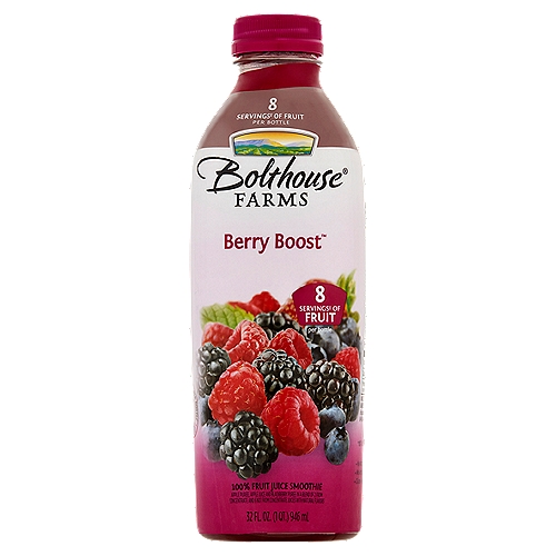 Bolthouse Farms Berry Boost 100% Fruit Juice Smoothie, 32 fl oz
Apple Puree, Apple Juice and Blackberry Puree in a Blend of 2 from Concentrate and 6 Not from Concentrate Juices with Natural Flavors

8 servings‡ of fruit per bottle
‡One serving equals 1/2 cup of juice. Daily recommendation: 4 servings of a variety of fruit, including whole fruits, for a 2,000 calorie diet (MyPlate).

Feel good about what's in this bottle which includes the juice of†:
5 apples
61 berries
2/3 banana
†Not an exhaustive list