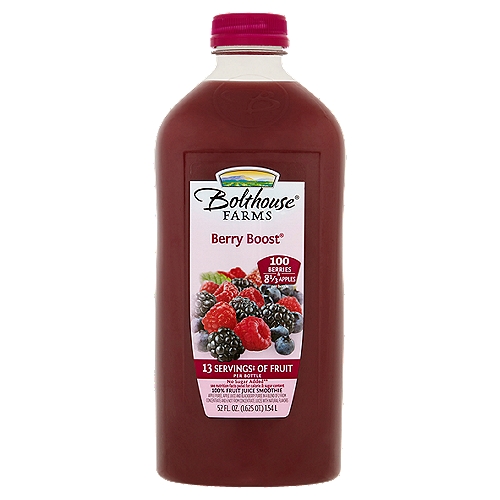 Bolthouse Farms Berry Boost 100% Fruit Juice Smoothie, 52 fl oz
Apple Puree, Apple Juice and Blackberry Puree in a Blend of 2 from Concentrate and 6 Not from Concentrate Juices with Natural Flavors
13 servingsǂ of fruit per bottle
ǂOne serving equals 1/2 cup of juice. Daily recommendation: 4 servings of a variety of fruit, including whole fruits, for a 2,000 calorie diet (MyPlate).

No sugar added**
**Not a low calorie food

Feel good about what's in this bottle which includes the juice of†:
8 1/3 apples, 100 berries, 1 banana
†Not an exhaustive list