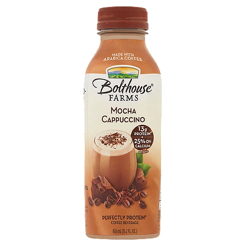 Bolthouse Farms Perfectly Protein Mocha Cappuccino Coffee Beverage, 15.2 fl oz
Feel Good About What's in this Bottle
Our Mocha Cappuccino blends Arabica coffee, reduced fat milk and premium cocoa to create a deliciously smooth experience that helps fuel your day.

Essential Nutrients
Protein 13g per serving
Provides essential building blocks to help build and maintain your body.

Calcium 25% daily value
Helps build strong bones.