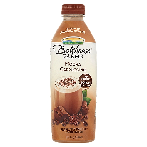 Bolthouse Farms Perfectly Protein Mocha Cappuccino Coffee Beverage, 32 fl oz
Feel good about what's in this bottle
Our Mocha Cappuccino blends Arabica coffee, reduced fat milk and premium cocoa to create a deliciously smooth experience that helps fuel your day.

Essential Nutrients
Protein 7g per serving
Provides essential building blocks to help build and maintain your body.

Calcium 10% daily value
Helps build strong bones.