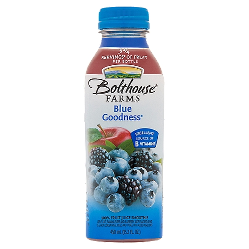 100% fruit juice smoothie. Berry blend with B vitamins. Contains blueberries, blackberries and black currants. 3.75 servings of fruit per bottle. No high fructose corn syrup. High in Vitamins C & E. Good source of fiber.