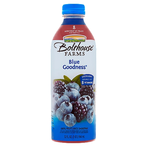Bolthouse Farms Blue Goodness 100% Fruit Juice Smoothie, 32 fl oz
Apple Juice, Banana Puree and Blueberry Juice Flavored Blend of 5 from Concentrate Juices and 1 Puree with Added Ingredients

8 servings¥ of fruit per bottle
¥One serving equals 1/2 cup of juice. Daily recommendation: 4 servings of a variety of fruit, including whole fruits, for a 2,000 calorie diet (MyPlate).

Excellent source of B vitamins†
† From fruit and added nutrients

Feel good about what's in this bottle which includes the juice of‡:
4 3/4 apples
1 1/3 banana
22 blueberries
22 blackberries
‡ Not an exhaustive list

Essential Nutrients:
Vitamin B1 (Thiamin) 7mg
Vitamin B2 (Riboflavin) 8mg
Vitamin B3 (Niacin) 88mg
Vitamin B5 (Pantothenic Acid) 44mg
Vitamin B6 10mg
Vitamin B7 (Biotin) 1320mcg
Vitamin B9 (Folic Acid) 1760mcg
Vitamin B12 26mcg
Vitamin C 240mg
Vitamin E 96IU
Calcium 80mg
Fiber 24g
