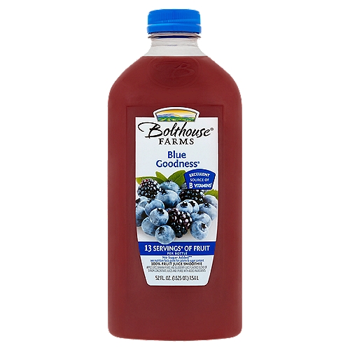 Bolthouse Farms Blue Goodness 100% Fruit Juice Smoothie, 52 fl oz
Apple Juice, Banana Puree and Blueberry Juice Flavored Blend of 5 from Concentrate Juices and 1 Puree with Added Ingredients

Excellent source of B vitamins†
† From fruit and added nutrients

13 servings¥ of fruit per bottle
¥One serving equals 1/2 cup of juice. Daily recommendation: 4 servings of a variety of fruit, including whole fruits, for a 2,000 calorie diet (myplate).

No sugar added**
**Not a low calorie food

Feel good about what's in this bottle
Which includes the juice of‡:
7 3/4 apples, 2 1/3 bananas, 35 2/3 blueberries, 36 blackberries
‡ Not an exhaustive list