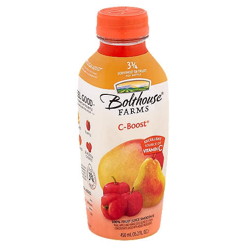 Bolthouse Farms C-Boost No Sugar Added 100% Fruit Juice Smoothie, 15.2 fl oz
Pear, Apple and Mango Juice Blend of 5 from Concentrate Juices with Added Ingredients

3 3/4 Servings¥ of Fruit Per Bottle
¥One Serving Equals 1/2 Cup of Juice. Daily Recommendation: 4 Servings of a Variety of Fruit, Including Whole Fruits, for a 2,000 Calorie Diet (MyPlate).

Excellent Source of Vitamin C†
†From Fruit and Added Ingredients

No Sugar Added**
**Not a Low Calorie Food

Feel Good About What's in this Bottle
Which Includes the Juice of‡:
2 Pears
3/4 Apple
2/3 Mango
18 Acerola Cherries
‡Not an Exhaustive List

With Added:
Zinc 28mg
Vitamin A 180mcg RAE
Vitamin C 1010mg
Vitamin E 5mg