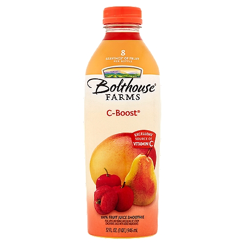 Bolthouse Farms C-Boost 100% Fruit Juice Smoothie, 32 fl oz
Pear, Apple and Mango Juice Blend of 5 from Concentrate Juices with Added Ingredients

8 servings¥ of fruit per bottle
¥One serving equals 1/2 cup of juice. Daily recommendation: 4 servings of a variety of fruit, including whole fruits, for a 2,000 calorie diet (MyPlate).

Excellent source of vitamin C†
† From fruit and added ingredients

Feel good about what's in this bottle which includes the juice of‡:
4 1/2 pears
1 3/4 apples
1 1/2 mangos
38 acerola cherries
‡ Not an exhaustive list

With Added:
Zinc 60mg
Vitamin A 400mcg RAE
Vitamin C 2160mg
Vitamin E 11mg
