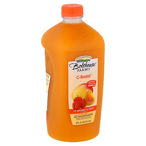 Bolthouse Farms C-Boost No Sugar Added 100% Fruit Juice Smoothie, 52 fl oz
Pear, Apple and Mango Juice Blend of 5 from Concentrate Juices with Added Ingredients

Excellent Source of Vitamin C†
†From Fruit and Added Ingredients

13 Servings¥ of Fruit Per Bottle
¥One Serving Equals 1/2 Cup of Juice. Daily Recommendation: 4 Servings of a Variety of Fruit & Vegetables, Including Whole Fruits, for a 2,000 Calorie Diet (MyPlate).

No sugar added**
**Not a Low Calorie Food

Feel Good About What's in this Bottle
Which Includes the Juice of‡:
7 1/2 Pears
3 Apples
2 1/3 Mangos
61 Acerola Cherries
‡Not an Exhaustive List