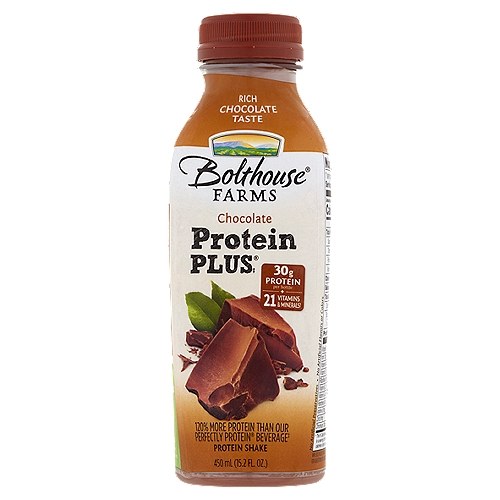 Bolthouse Farms Protein Plus Chocolate Protein Shake, 15.2 fl oz
30g Protein per bottle + 21 Vitamins & Minerals†
† From Milk and Added Nutrients

120% More Protein than Our Perfectly Protein® Beverage‡
The Power of Protein Plus‡
‡Per 15.2 Fl Oz Serving Comparison: This Product - 30 g Protein/ Our Perfectly Protein® Beverages - 13 g Protein.

Whey + Soy
This proprietary blend uses two different types of protein for improved performance. Whey protein is absorbed quickly to satisfy immediate nutritional needs while soy protein absorbs at a slower rate for sustained benefits.

Essential B's
May assist in the metabolism of protein and fat.

Essential Minerals
A blend of 9 minerals, including calcium, magnesium and potassium.