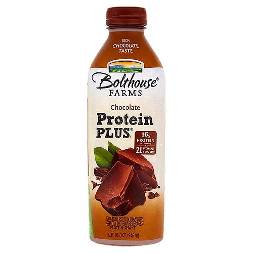 Bolthouse Farms Protein Plus Chocolate Protein Shake, 32 fl oz
16g protein per serving + 21 vitamins & minerals†
†From milk and added nutrients

120% more protein than our Perfectly Protein® beverages‡
The Power of Protein Plus®‡
‡Per 8 fl oz serving comparison: This product - 16 g protein/ our Perfectly Protein® beverages - 7 g protein

Whey + Soy
This proprietary blend uses two different types of protein for improved performance. Whey protein is absorbed quickly to satisfy immediate nutritional needs while soy protein absorbs at a slower rate for sustained benefits.

Essential B's
May assist in the metabolism of protein and fat.

Essential Minerals
A blend of 9 minerals, including calcium, magnesium and potassium.