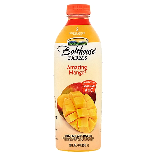 Bolthouse Farms Amazing Mango 100% Fruit Juice Smoothie, 32 fl oz
Mango and Apple Juice Blend of 5 from Concentrate and 1 Not from Concentrate Juices with Natural Flavors

8 servings‡ of fruit per bottle
‡One serving equals 1/2 cup of juice. Daily recommendation: 4 servings of a variety of fruit, including whole fruits, for a 2,000 calorie diet (MyPlate).

Feel good about what's in this bottle which includes the juice of†:
4 3/4 mangos
2 1/3 apples
2 oranges
†Not an exhaustive list

Antioxidant Vitamins
Vitamin A
10% daily value
Helps support healthy skin and eyes.

Vitamin C
40% daily value
Helps support the immune system.