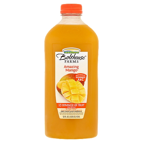 Bolthouse Farms Amazing Mango 100% Fruit Juice Smoothie, 52 fl oz
Mango and Apple Juice Blend of 4 Juices from Concentrate and 2 Juices Not from Concentrate with Natural Flavors

13 servings‡ of fruit per bottle
‡One serving equals 1/2 cup of juice. Daily recommendation: 4 servings of a variety of fruit, including whole fruits, for a 2,000 calorie diet (MyPlate).

Feel good about what's in this bottle which includes the juice of†:
7 1/3 mangos
3 1/2 apples
3 3/4 orange
1 1/4 bananas
†Not an exhaustive list

Antioxidant Vitamins
Vitamin A
35% daily value
Helps support healthy skin and eyes.

Vitamin C
70% daily value
Helps support the immune system.
