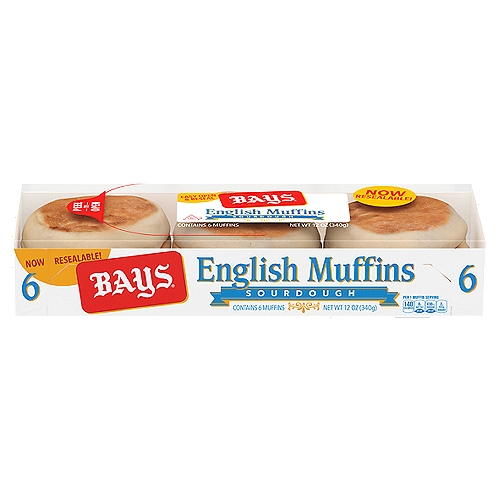 Bays Sourdough English Muffins, 6 count, 12 oz
BAYS® Sourdough English Muffins come pre-sliced and offer rich, tangy flavor in the tradition of classic Sourdough. They're perfect paired with butter, grilled as a panini, or as a quick snack.

Since 1933 Bays' English Muffins have been made with quality ingredients, resulting in the rich, wholesome flavor and delightful texture that they're known for to this day. Made from the original family recipe, they crisp up golden brown and crunchy on the outside, soft and tender on the inside.

While they are legendary for breakfast, they are also a great way to build a sandwich for lunch, a mini meal at dinner, a bun for your burger or a delicious snack anytime of day.

For added convenience, they come pre-sliced and ready to go. And because freshness matters, from our bakery to your kitchen, we do everything possible to guarantee that any meal is Better with Bays.