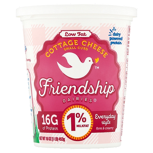 Friendship Dairies Small Curd Everyday Style Low Fat Cottage Cheese, 16 oz
Always delicious. Always creamy. Protein packed.
Friendship Dairies® Cottage Cheese has been a deliciously satisfying snack & meal addition for over 100 years.
With Friendship Dairies® Cottage Cheese, real dairy & expert craftsmanship go together like birds of a feather.
From your friends at the dairy