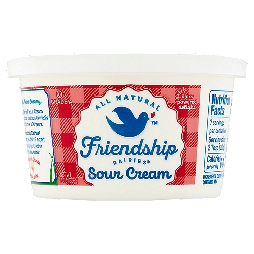 Friendship Dairies Sour Cream, 8 oz
Extra smooth. Extra creamy.
Friendship Dairies® Sour Cream has been a delicious addition to meals & creations for over 100 years.
With Friendship Dairies® Sour Cream, real dairy & expert craftsmanship go together like birds of a feather.
From your friends at the dairy