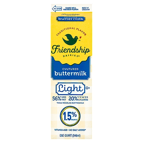 1.00 qt. Made with active cultures. Contains 1.5% milkfat and no added salt. Has 56% less fat & 20% less calories than regular cultured buttermilk.