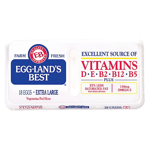 Egg-Land's Best Eggs, Extra Large, 18 count, 40.5 oz
EB Quality Approved

Now! Stays Fresher Longer
Excellent Source of...
Vitamins D, E, B2, B12, B5
Plus- 140mg omega 3
25% less saturated fat than regular eggs

Recommended American Diabetes Association/American Dietetic Association dietary exchange: 1 Egg-land's Best egg for 1 medium-fat meat.

Saturated fat 25% less than ordinary eggs: 1.5 g vs. 2 g ( quantities rounded ).