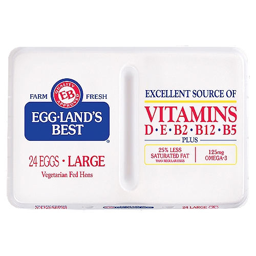 Farm fresh  EB quality approved  America's superior tasting egg  Now! For Your Nutritious Diet Excellent source of... Vitamins D, E, B2, B12, B5 Plus-125mg omega 3 25% less saturated fat than regular eggs