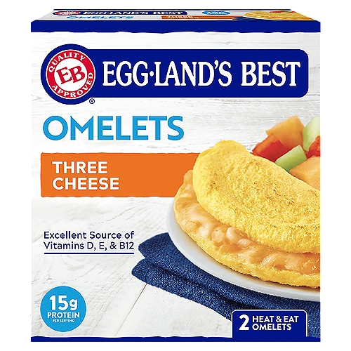 Egg-Land's Best Three Cheese Omelets, 2 count, 3.9 oz
Cage free eggs*
*Hens Are Free Roaming Inside a Barn

The Best Eggs make the Best Omelets
Eggland's Best hens are fed a wholesome, all-vegetarian diet, resulting in better tasting and more nutritious eggs. Our superior eggs are folded over cheddar, Monterey Jack, and Parmesan cheese in small batches to make truly exceptional omelets.