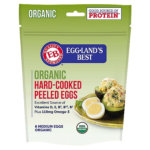 Eggland's Best Organic Hard-Cooked Peeled Medium Eggs, 6 count
Now, America's best tasting eggs in a convenient pouch. 6 hard cooked Egg-land's Best Organic eggs, peeled and ready for use in your favorite recipe, with all the taste and nutrition you expect from Egg-land's Best eggs.
• High in vitamins D, E and B12
• 110mg of omega-3 fatty acids
• 25% less saturated fat than regular eggs (1g vs. 1.5g, quantities rounded).

Recommended American Diabetes Association/American Dietetic Association dietary exchange: 1 Egg-land's Best egg for 1 medium-fat meat.

Every hen selected to lay Egg-land's Best Organic eggs is free to roam in a pleasant environment and is fed Egg-land's Best organic all-vegetarian diet with no GMO feed ingredients. The Egg-land's Best feed and entire organic program are independently certified by a USDA - accredited agency.

You may notice some spots on the eggs. This occurs naturally as brown eggs have pigments both outside and inside the egg.