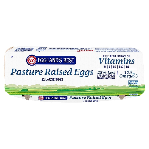 Egg-Land's Best Large Brown Pasture Raised Eggs, 12 count, 24 oz
Our hens have plenty of room to roam outside and can sleep in spacious barns at night, keeping them happy and healthy! They are fed a proprietary, all-vegetarian diet with no animal fats or animal by-products, and no added antibiotics or hormones*.
*No hormones are used in the production of shell eggs. *No antibiotics were administered to the laying hen's diet (feed or water), or during the egg laying process.

Compared to ordinary eggs, Eggland's Best Pasture Raised Eggs give you:
10x More Vitamin E
25% Less Saturated Fat 
6x More Vitamin D
More than Double the Omega-3