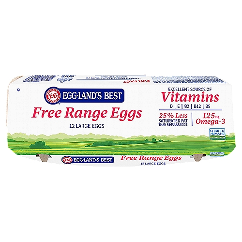 Egg Land's Best Free Range Large Brown Eggs, 12 count, 24 oz
Our hens have plenty of room to roam outside and can sleep in spacious barns at night, keeping them happy and healthy! They are fed a proprietary, all-vegetarian diet with no animal fats or animal by-products, and no added antibiotics or hormones*.
*No hormones are used in the production of shell eggs. *No antibiotics were administered to the laying hens' diet (feed or water), or during the egg laying process.

Compared to ordinary eggs, Eggland's Best Free Range Eggs give you:
10x More Vitamin E
25% Less Saturated Fat
6x More Vitamin D
More than Double the Omega-3
