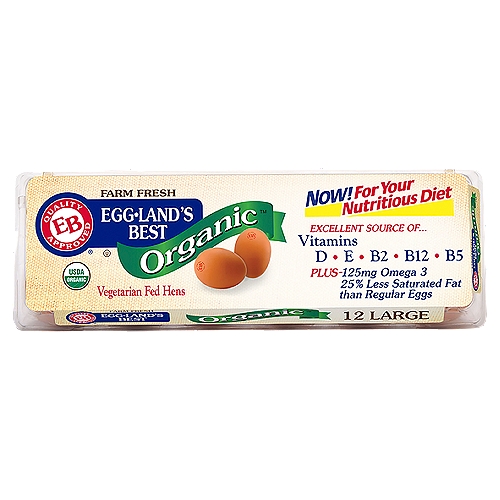 Egg-Land's Best Organic Brown Eggs, Large, 12 count, 24 oz
EB Quality Approved

Now! For Your Nutritious Diet
Excellent source of...
Vitamins D, B12, E, B2, B5
Plus-125mg omega 3
25% less saturated fat than regular eggs

Eggland's Best® Organic eggs just got Even Better!
Farm Fresh Eggland's Best® Organic eggs have always been recognized for their exceptional taste. In fact, we've been awarded the Gold Seal as America's Superior Tasting Eggs by the American Masters of Taste. Every hen selected to lay Eggland's Best Organic eggs is free to roam in a pleasant, natural environment and is fed Eggland's Best all-vegetarian diet.

Now, in addition to their great taste, they are an excellent source of vitamin D, vitamin B12, vitamin E, vitamin B2 (riboflavin) and vitamin B5 (pantothenic acid) and also a good source of folate. Plus, our eggs contain 125mg of omega 3 fatty acids and 200mcg of lutein and have 25% less saturated fat than regular eggs.

How does Eggland's Best produce such nutritious and great-tasting eggs? We feed our hens an improved certified-organic vegetarian diet that contains no animal fats or animal by-products. Antibiotics are not used in the production of Eggland's Best eggs. Our feed and entire organic program are independently certified by a USDA - accredited agency.

The results: our all-vegetarian diet produces important nutrients and the best taste possible, so you can eat even healthier while enjoying the same great ''right-from-the-farm'' freshness and taste of Eggland's Best eggs!

We think you'll agree that the extra effort and care we put into producing these special eggs are worth it.

Recommended American Diabetes Association/American Dietetic Association dietary exchange: 1 Eggland's Best egg for 1 medium-fat meat.

Saturated fat 25% less than ordinary eggs: 1 g vs. 1.5 g (quantities rounded).