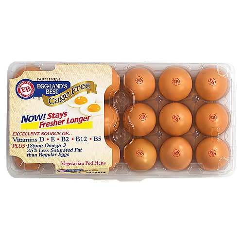 Egg-Land's Best Cage Free Brown Eggs, Large, 18 count
Excellent Source of...
Vitamins D, E, B12, B5
Plus-125mg omega-3 25% less saturated fat than regular eggs