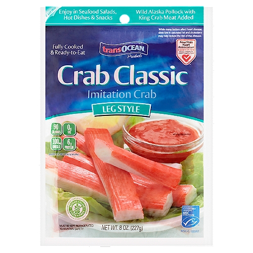 Crab-flavored seafood, made from surimi, a fully cooked fish protein.  Exellent source of omega-3 EPA & DHA.   A blend of wild Alaska pollock & crab. Fully cooked. Ready to eat.