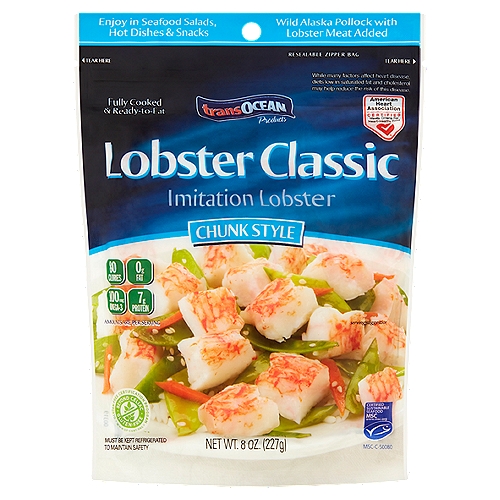 Trans Ocean Lobster Classic Chunk Style Imitation Lobster, 8 oz
Wild Alaska Pollock with Lobster Meat Added

Enjoy the great taste & healthy benefits of Lobster Classic.
• Gluten free & heart healthy
• Fully cooked & ready-to-eat
• Wild & sustainable Alaska Pollock