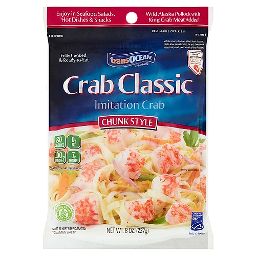 Trans Ocean Crab Classic Chunk Style Imitation Crab, 8 oz
Wild Alaska Pollock with King Crab Meat Added

Enjoy the great taste & healthy benefits of Crab Classic.
• Gluten free & heart healthy
• Fully cooked & ready-to-eat
• Wild & sustainable Alaska Pollock