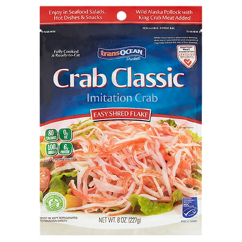 Trans Ocean Crab Classic Easy Shred Flake Imitation Crab, 8 oz
Wild Alaska Pollock with King Crab Mead Added

Enjoy the great taste & healthy benefits of Crab Classic.
• Gluten free & heart healthy
• Fully cooked & ready-to-eat
• Wild & sustainable Alaska Pollock