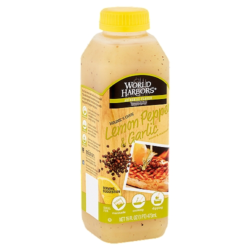 World Harbors Maine's Own Lemon Pepper & Garlic Sauce & Marinade, 16 fl oz
Put the lemon zest back into your meals! This deliciously balanced marinade brings together fresh lemon flavor with the punch of pepper and garlic.