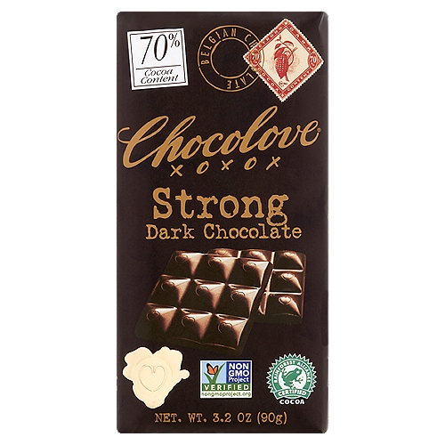 Chocolove Strong Dark Chocolate, 3.2 oz
Strong, bittersweet Belgian dark chocolate crafted primarily from African cocoa beans and a small amount of Caribbean cocoa beans. Intense, well-rounded cocoa flavors melt smoothly in your mouth then transition to a pleasant cocoa aftertaste.