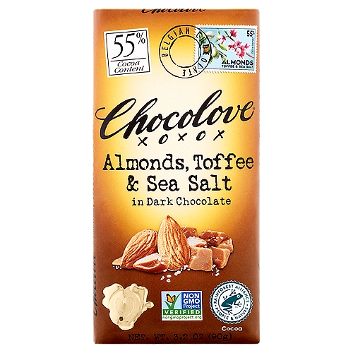 Chocolove Almonds, Toffee & Sea Salt in Dark Chocolate, 3.2 oz
Inspired by a French love of salted caramels and almonds, we are proud to offer this European flavored chocolate bar. Rich dark chocolate with almonds, toffee, and sea salt. C'est si bon!