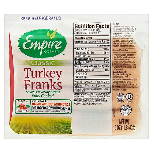 Empire Kosher Classic Turkey Franks, 16 oz
No Added Growth Hormones*
*Federal regulations prohibit the use of added growth hormones and steroids in poultry.

Humanely Raised** & Vegetarian Fed
*Meets Empire® Kosher brand's humane policy for raising turkey on family farms in a stress-free environment.