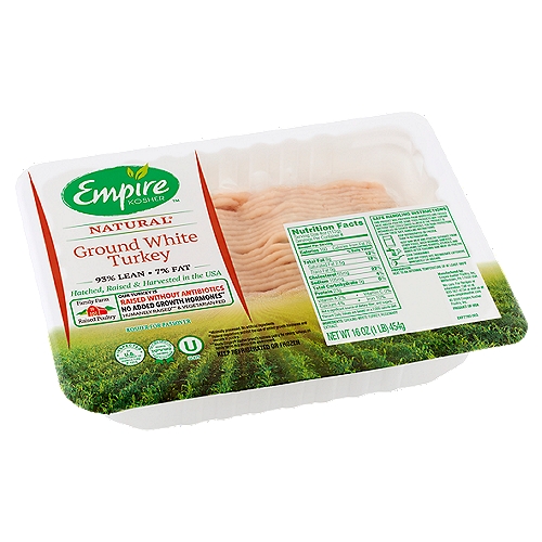 Empire Kosher Natural 93% Lean 7% Fat Ground White Turkey, 16 oz
Natural*
*Minimally processed. No artificial ingredients.

No Added Growth Hormones**
**Federal regulations prohibit the use of added growth hormones and steroids in poultry.

Humanely Raised*** & Vegetarian Fed
***Meets Empire® Kosher brand's humane policy for raising turkeys on family farms in a stress-free environment.