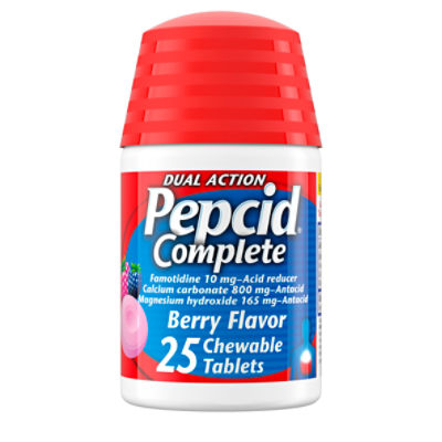 Pepcid Complete Acid Reducer + Antacid Chewable Tablets for Heartburn, Berry, 25 Count
