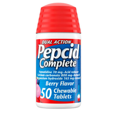 Pepcid Complete Acid Reducer + Antacid Chewable Tablets for Heartburn, Berry, 50 Ct