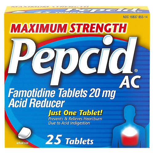 Pepcid Maximum Strength AC Acid Reducer Famotidine Tablets, 20 mg, 25 count
Pepcid AC® prevents heartburn due to acid indigestion brought on by eating and drinking certain foods and beverages.

Drug Facts
Active ingredient (in each tablet) - Purpose
Famotidine 20 mg - Acid reducer

Uses
• relieves heartburn associated with acid indigestion and sour stomach
• prevents heartburn associated with acid indigestion and sour stomach brought on by eating or drinking certain food and beverages