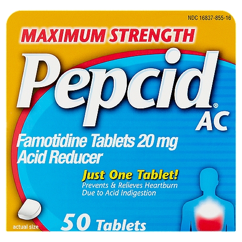 Pepcid AC Maximum Strength Acid Reducer Famotidine Tablets, 20 mg, 50 count
Just one tablet prevents and relieves heartburn due to acid indigestion brought on by eating and drinking certain foods and beverages.

Drug Facts
Active ingredient (in each tablet) - Purpose
Famotidine 10 mg - Acid reducer

Uses
• relieves heartburn associated with acid indigestion and sour stomach
• prevents heartburn associated with acid indigestion and sour stomach brought on by eating or drinking certain food and beverages