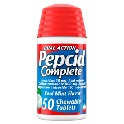 Pepcid Complete Acid Reducer + Antacid Chewable Tablets for Heartburn, Cool Mint, 50 Count