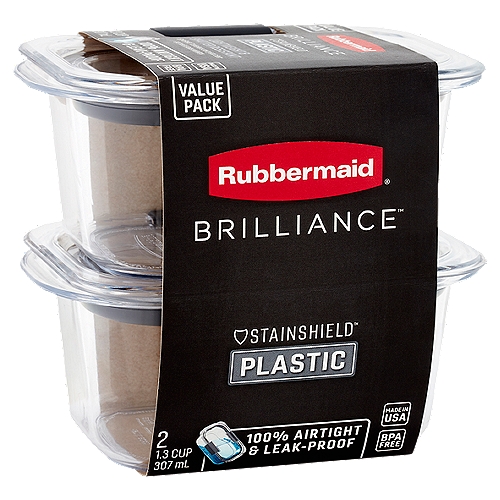 Rubbermaid Brilliance 1.3 Cup StainShield Plastic Containers Value Pack, 2 count
Smart Lid System
StainShield Plastic
Glass
Fits Across All Brilliance™ Containers

StainShield™ containers are crystal clear and resist stains and odors.