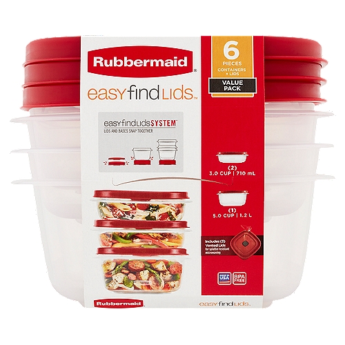 Rubbermaid Easy Find Lids Containers + Lids Value Pack, 6 count
Easy Find Lids System™
Lids and Bases Snap Together