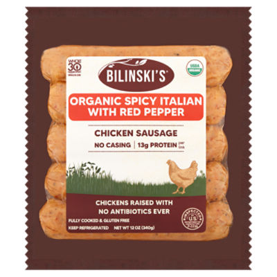 Bilinski's Organic Spicy Italian with Red Pepper Fully Cooked Chicken Sausage, 5 count, 12 oz, 12 Ounce