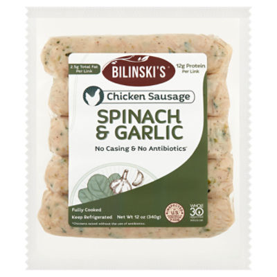 Bilinski's Spinach & Chicken Garlic Seasoned Blended Sausage, 5 count, 12 oz, 12 Ounce