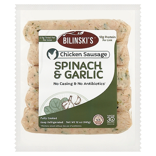 Bilinski's Spinach & Chicken Garlic Seasoned Blended Sausage, 5 count, 12 oz
Our Spinach & Chicken sausage combines spinach, and chicken into a delicious recipe that's perfect for every occasion!

Gluten Free & 100% Natural*
*Minimally processed with no artificial ingredients.