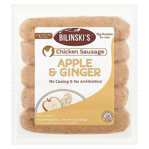 Bilinski's Apple Ginger & Chicken Blended Sausage, 5 count, 12 oz
Sweet Apple Blended Sausage

Our Sweet Apple sausage blends apples, ginger, and chicken into a delicious recipe that's perfect for every occasion!

Gluten Free & 100% Natural*
*Minimally processed with no artificial ingredients.