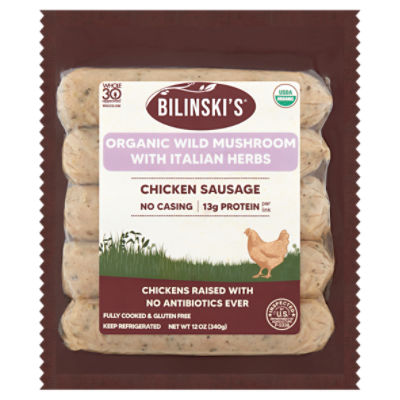 Bilinski's Organic Wild Mushroom with Italian Herbs Fully Cooked Chicken Sausage, 5 count, 12 oz, 12 Ounce