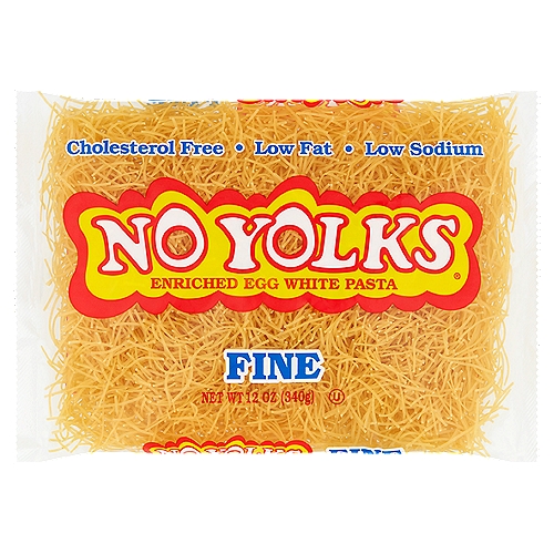 No Yolks Fine Enriched Egg White Pasta, 12 oz
Egg noodles are made with egg yolks.
No Yolks® noodles are made with wheat flour, corn flour and dried egg whites. They do not contain egg yolks. They also do not contain artificial coloring or preservatives.
No Yolks® noodles have the same taste and texture as egg noodles.

