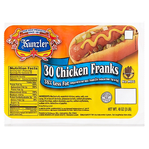 Kunzler Chicken Franks, 30 count, 48 oz